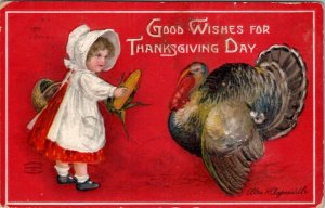 Ellen Clapsaddle Thanksgiving Child in Bonnet Feeding the Turkey Postcard X9