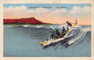 J76/ Hawaii Postcard c1915 Outrigger Canoe Riding Surfboard Man Native 282