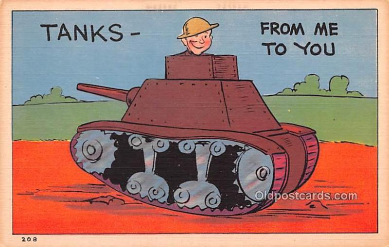 Military Comic Postcard, Old Vintage Antique Post Card Tanks Unused