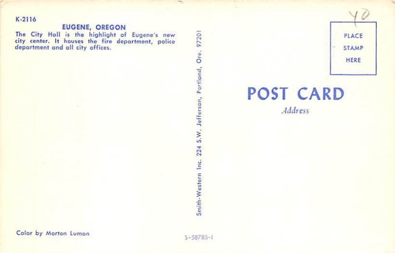 City Hall Eugene, Oregon OR Postcard