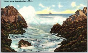 Rocky Shore Kennebunkport Maine ME Big Rocks Cliff Waves Boat Postcard