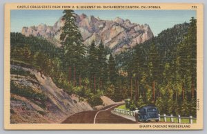 Linen~Castle Crags Park From US Hwy 99 Sacramento Canyon CA~Vintage Postcard