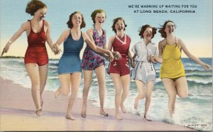 Young Women at Beach Long Beach CA 'Warming Up Waiting For You' Postcard F32