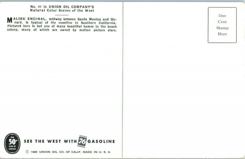 Malibu Encinal Santa Monica to Oxnard Union Oil Co California Postcard