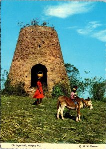 VINTAGE CONTINENTAL SIZE POSTCARD OLD SUGAR MILL & CHILDREN ON DONKEY ANTIGUA 73