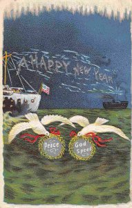 Happy New Year Greeting Ship Telegraph Peace God Speed 1910 postcard