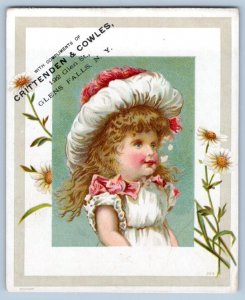 GLENS FALLS NY*CRITTENDEN & COWLES*PRETTY GIRL*FANCY HAT VICTORIAN TRADE CARD 1