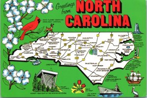 Postcard NC Map - Greetings from North Carolina map bird flower