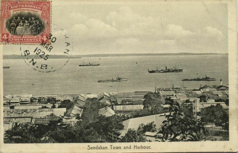 british north borneo, SABAH SANDAKAN, Town and Harbour (1925) Postcard