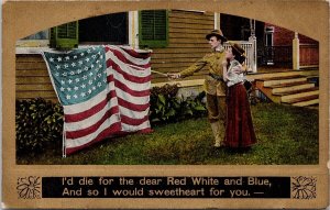 USA Flag Soldier Patriot 'I'd Die For Dear Red White and Blue' Postcard H29