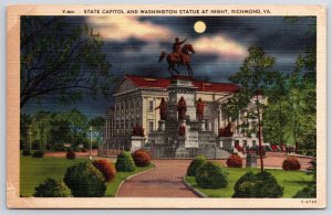 State Capitol & Washington Statue At Night Richmond Virginia Landscape Postcard