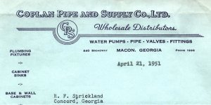 1951 COPLAN PIPE AND SUPPLY CO MACON GA R.F. STRICKLAND BILLHEAD INVOICE Z982