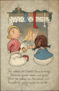 Gibson Christmas Children at Fireplace Waiting for Santa Claus Vintage Postcard