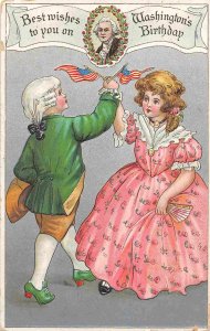 Dancing Couple Best Wishes Washington's Birthday Greeting 1910 postcard