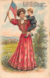 US Patriotic Mother and Son Hold Flag Poem embossed postcard B985
