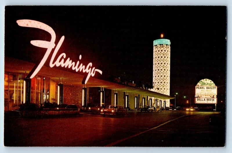 Las Vegas Nevada Postcard Flamingo Hotel Show-Spots Exterior Building Night 1960