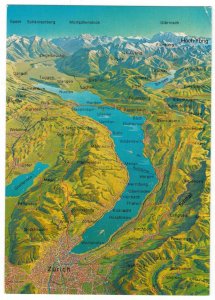 Postcard Switzerland 1975 Lake Zurich Map Mountains