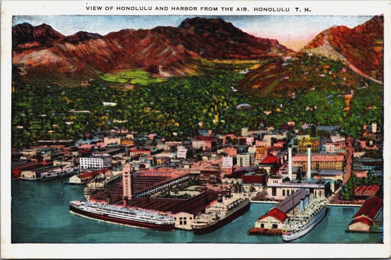 Hawaii View Of Honolulu And Harbor From The Air Honolulu Linen Postcard C178