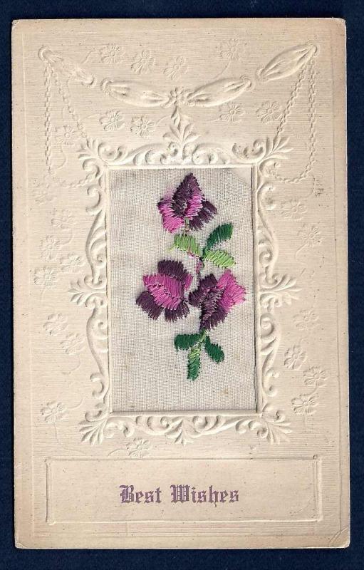 'Best Wishes' Embroidered Flowers Used 1919