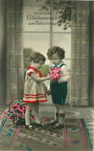 1920s Hand Tint Children Flowers Interior RPPC Photo Postcard 5913