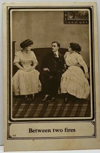 Between Two Fires, Man with Two Women North Dakota Postcard D17