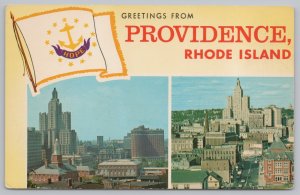 Greetings~Providence Rhode Island~Tallest Bldg~Industrial National Bank~Flag~Vtg