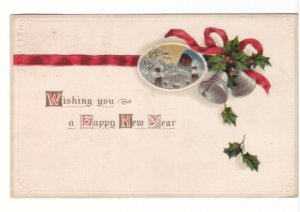 Wishing You A Happy New Year, Winter Scene, Bells, Holly, Vintage 1915 Postcard