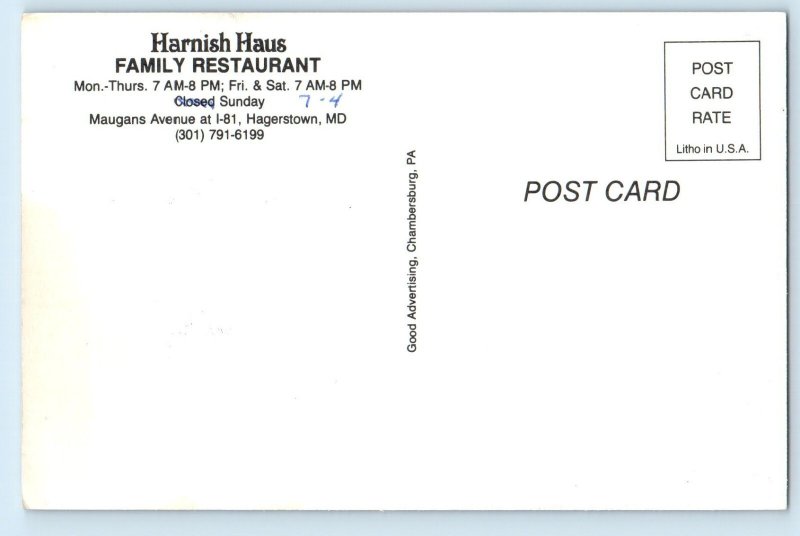 c1960 Hagerstown Maryland MD Postcard Harnish Haus Family Restaurant Dual View