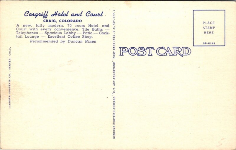 Linen Postcard Cosgriff Hotel and Court in Craig, Colorado
