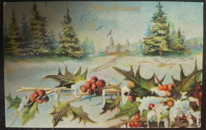 Vintage Victorian Postcard 1910 A Merry Christmas - Holly & Snow Scene