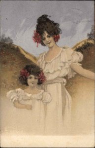 Stewart & Woolf Beautiful Sisters Young Woman and Little Girl c1910 Postcard