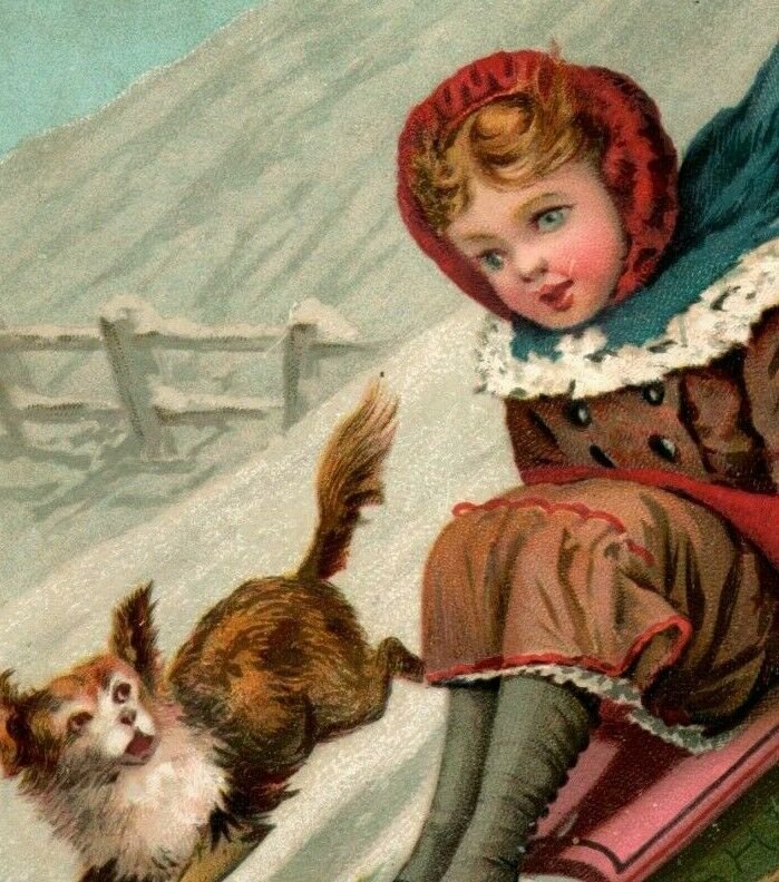 1880s-90s Christmas Card Adorable Girl On Sled Cute Dog Winter Snow #S