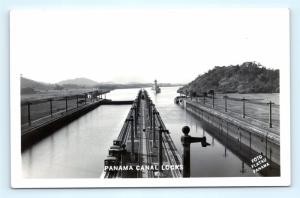 Postcard Panama Battleship Entering Panama Canal Locks RPPC Real Photo K11