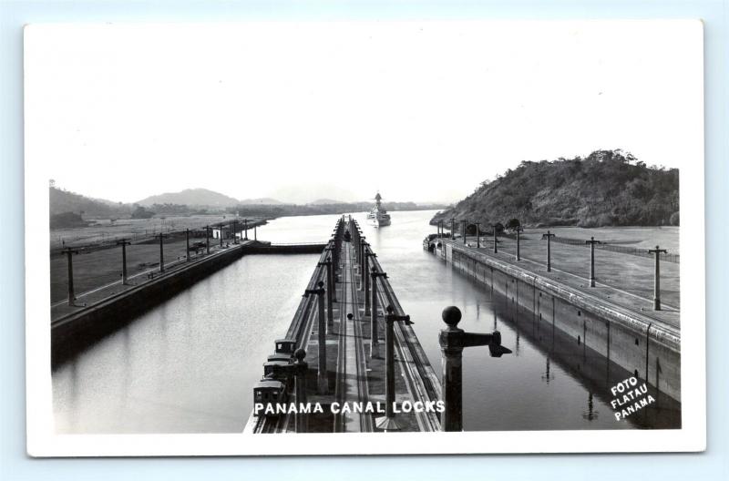 Postcard Panama Battleship Entering Panama Canal Locks RPPC Real Photo K11