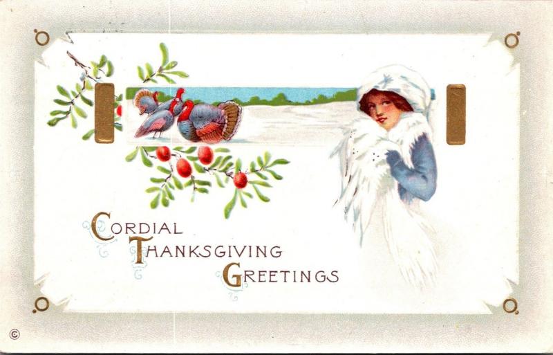 Thanksgiving With Turkeys and Beautiful Lady 1910