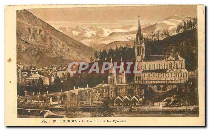 Old Postcard Lourdes Basilica and the Pyrenees