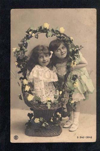 036150 Charming Girls as Flowers in Basket Vintage PHOTO