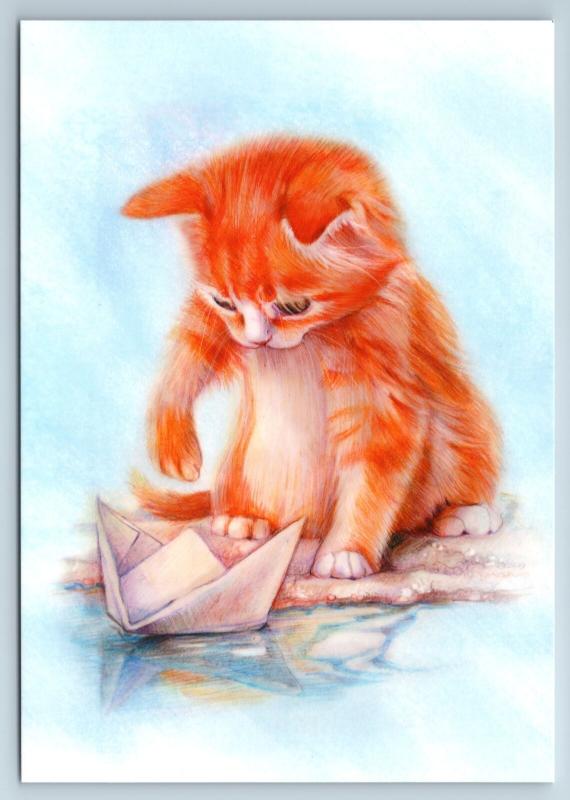 FUNNY RED KITTEN Cat play with Paper Boat New Unposted Postcard