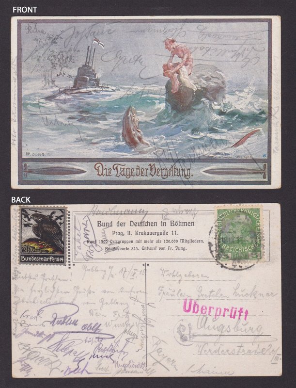 GERMANY 1915, Postcard, Postcard censored in Bavaria, Submarine, WWI, Vignette