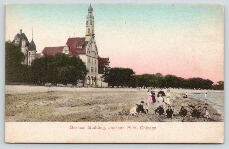 Chicago~Handcolored~Jackson Park~German Building~Kids Play on Beach~c1910 