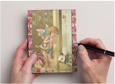 Set of 6 Handmade Valentine Postcards, Victorian Cupid with Pink Country Rose