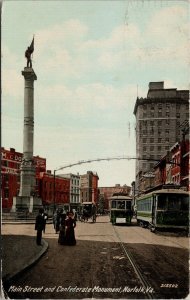 Norfolk VA Main Street Monument Trolleys Pedestrians c1911 Postcard F46