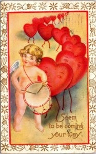 Be My Valentine Cupid Playing Drum and Red Hearts 1912