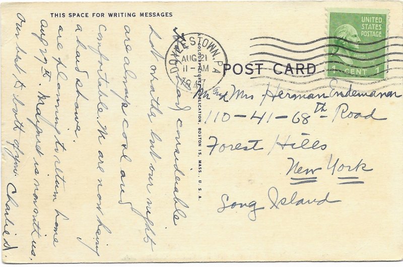 US Doylestown, Pennsylvania. (pop 8500)  Old - Used #839 coil. Mailed in 1947