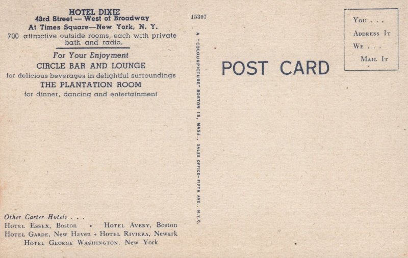Hotel Dixie West Broadway Times Square New York City New York Vintage Postcard