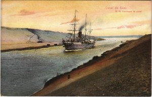 PC EGYPT, SUEZ CANAL, SHIP CROSSING THE CANAL, Vintage Postcard (b43985)