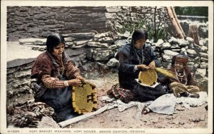 Native Americana Hopi Indian Woman Basket Weavers Fred Harvey Postcard