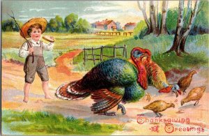 Boy Herding Turkeys, Thanksgiving Greetings Embossed c1907 Vintage Postcard N74