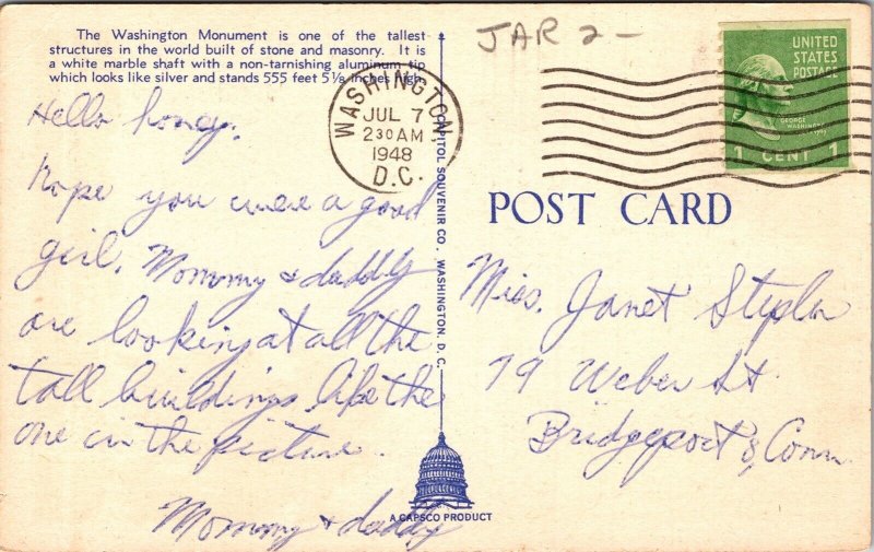 Historical Washington DC Monument Worlds Tallest Structure Postcard Note WOB PM 