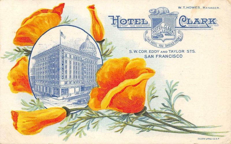 HOTEL CLARK San Francisco, CA Poppies Eddy & Taylor St. 1915 Vintage Postcard